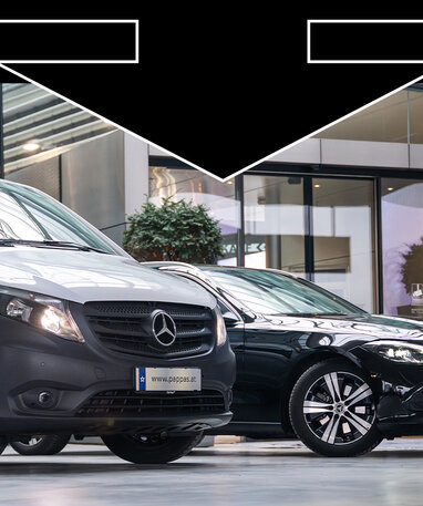 Ein weißer Van und ein schwarzer Mercedes-Benz stehen vor einem modernen Gebäude mit Glasfassade.