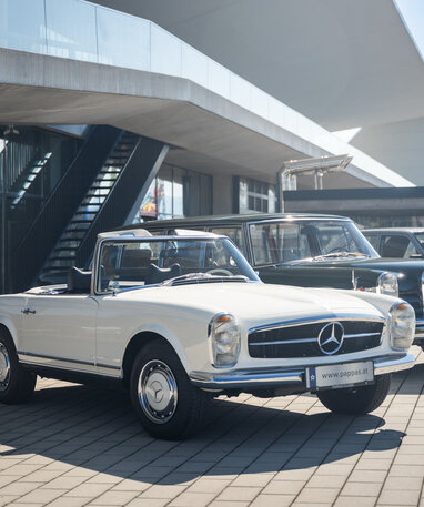 Drei klassische Mercedes-Fahrzeuge stehen vor einem modernen Gebäude in der Sonne geparkt.