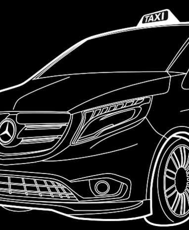 Mercedes-Benz Van als Taxi: Weiße Outlines auf schwarzem Untergrund, rechteckig