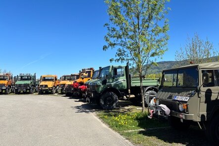 Verschiedene Unimog-Fahrzeuge geparkt unter blauem Himmel.