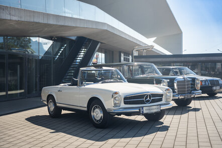 Drei klassische Mercedes-Fahrzeuge stehen vor einem modernen Gebäude in der Sonne geparkt.