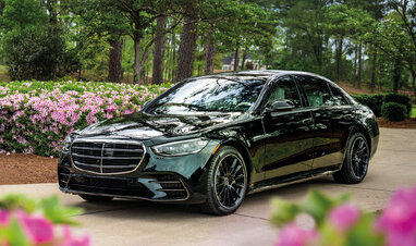Schwarze Mercedes-Benz Limousine vor einem rosa blühenden Blumenfeld und grünen Bäumen.