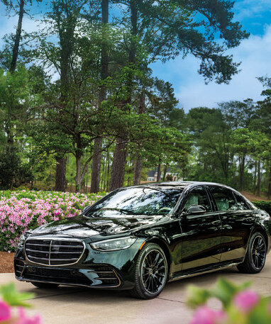 Schwarze Mercedes-Benz Limousine vor einem rosa blühenden Blumenfeld und grünen Bäumen.